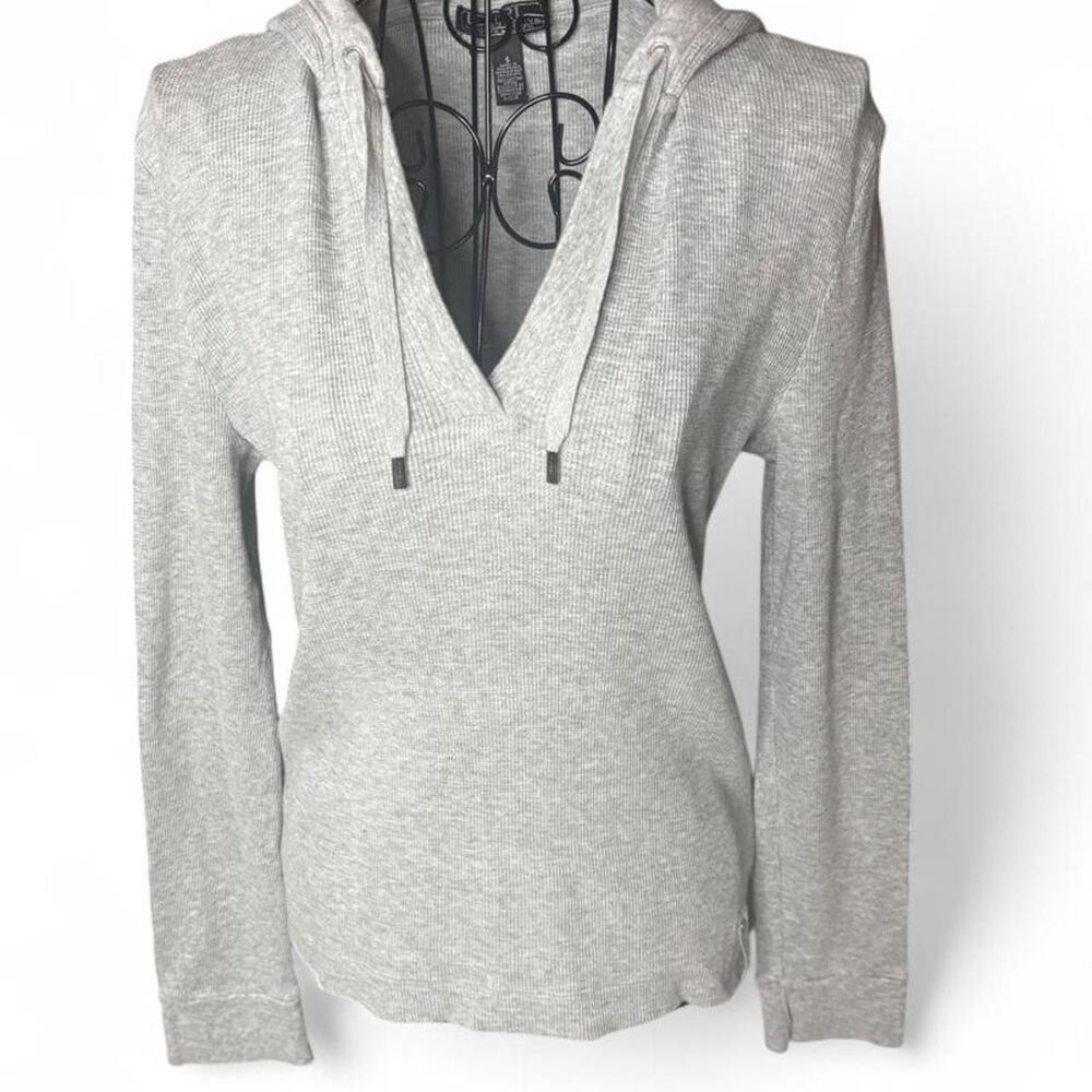 LRL Lauren Active Ralph Lauren Grey Waffle Knit Thermal V-Neck Hoodie Top Small⁠